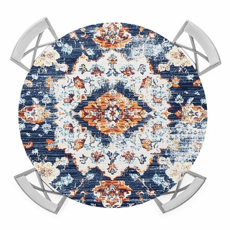 Bohemian Orange Blue White Flowers Elastic Fitted Round Table Cover Vintage Ethnic Style Waterproof Outdoor Tablecloth for Holiday Party  Picnic  Pati