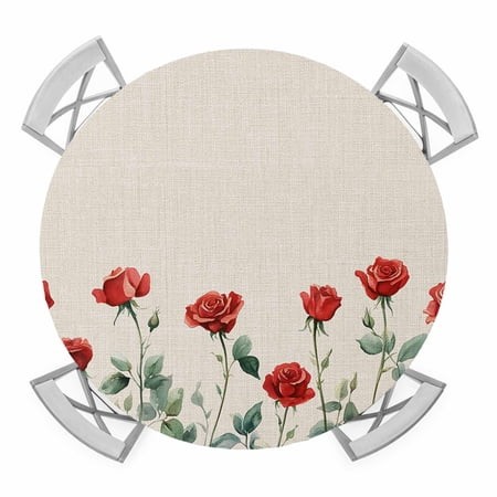 Red Rose Elastic Fitted Round Table Cover Linen Background Waterproof Outdoor Tablecloth for Holiday Party  Picnic  Patio & Dining Fits Tables up to 5