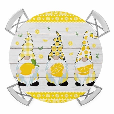 Lemon and Gnomes Elastic Fitted Round Table Cover Yellow Check Plaid Wood Grain Waterproof Outdoor Tablecloth for Holiday Party  Picnic  Patio & Dinin