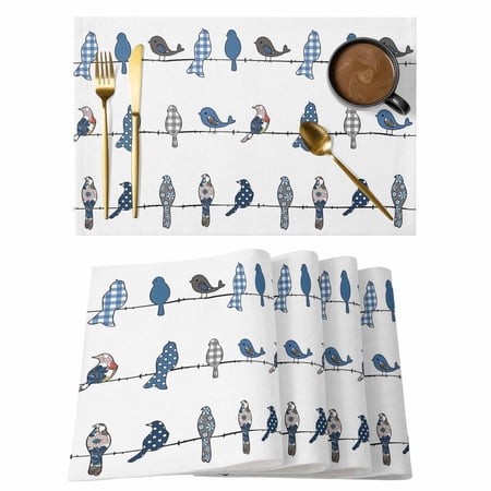 Placemat Set of 6 Rowley Birds Floral Pattern Placemats for Dining Table Buffalo Plaid White Blue Washable Table Mats for Kitchen and Party Decor Indo