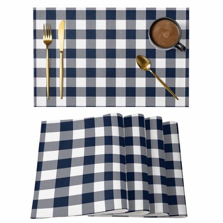 Placemat Set of 6 Buffalo Plaid Dark Blue Check Placemats for Dining Table Farmhouse Style Washable Table Mats for Kitchen and Party Decor Indoor & Ou