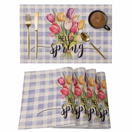 Placemat Set of 6 Spring Tulips Flower Plant Placemats for Dining Table Blue Purple Buffalo Plaid Washable Table Mats for Kitchen and Party Decor Indo