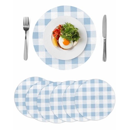 Blue Checkered Round Placemats Set of 6 for Dinning Tables Heat-proof Braided Table Mats 13 Inch Blue White Buffalo Plaid Washable Place Mat for Kitch