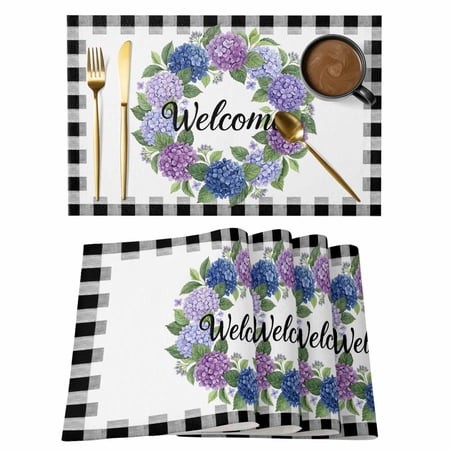 Summer Hydrangea Leaf Placemats Set of 6 Wipeable Washable Table Mats for Dining Tables  Purple Blue Flower Buffalo Check Place Mats for Kitchen Event