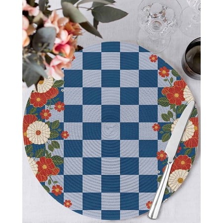 15 Inch Round Placemats Set of 6  Blue Plaid Non Slip Heat Insulation PP Table Mats  Japanese Red Floral Flowers Buffalo Check Washable Place Mats for