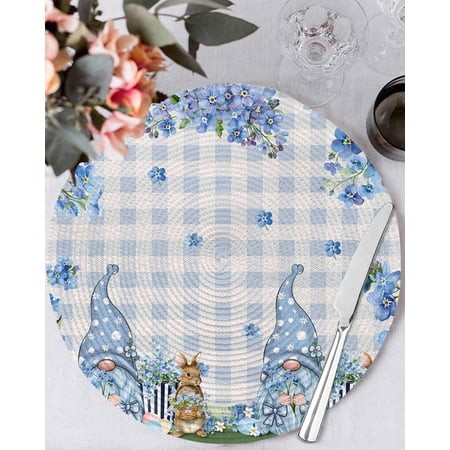 13 Inch Round Placemats Set of 6  Easter Non Slip Heat Insulation PP Table Mats  Spring Blue Gnomes Rabbit Eggs Floral Buffalo Plaid Washable Place Ma