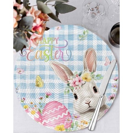 13 Inch Round Placemats Set of 6  Blue Easter Non Slip Heat Insulation PP Table Mats  Spring Easter Bunny Eggs Floral Buffalo Plaid Washable Place Mat