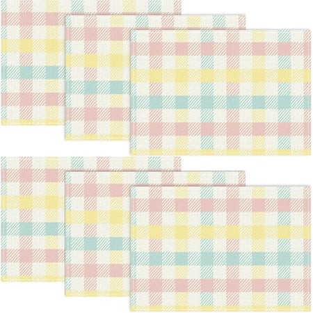 Buffalo Plaid Blue Pink Yellow Spring Easter Placemats Set of 6  12x18 Inch Table Mats Easter Decor for Holiday Party Kitchen Dining Room Decoration