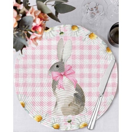 13 Inch Round Placemats Set of 6  Blue Easter Bunny Non Slip Heat Insulation PP Table Mats  Spring Daisy Modern Pink Buffalo Plaid Washable Place Mats