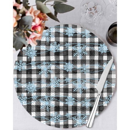 15 Inch Round Placemats Set of 6  Blue Christmas Non Slip Heat Insulation PP Table Mats  Black Buffalo Plaid Winter Xmas Snowflake Washable Place Mats