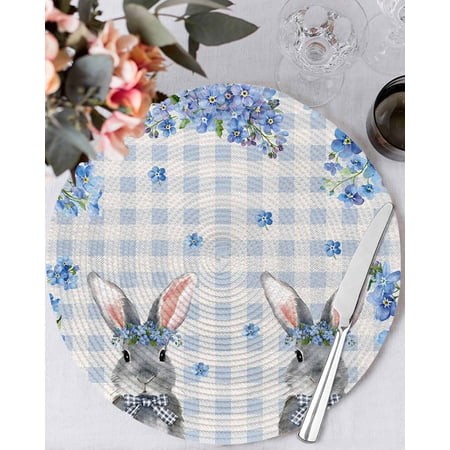 13 Inch Round Placemats Set of 6  Easter Rabbit Non Slip Heat Insulation PP Table Mats  Spring Cute Bunny Blue Flowers Buffalo Plaid Washable Place Ma