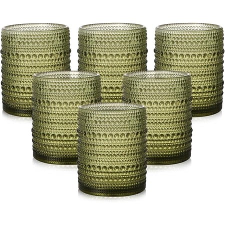 Vintage Glassware Drinking Glasses Set of 6 12 Oz Hobnail Glass Cups Embossed Green Water Tumbler for Beer Cocktail Whiskey Juice and Various Mixed Dr
