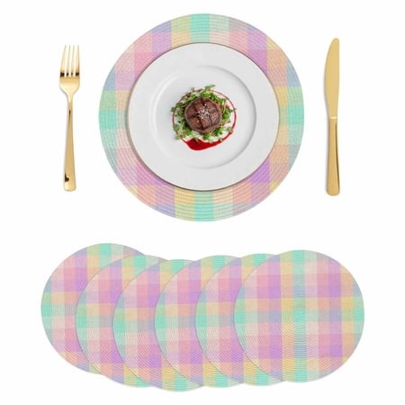 Pink Blue Plaid Round Placemats Set of 6 Buffalo Checkered Modern Gingham Lattice Place Mats Indoor Woven Table Mats Washable Heat-Resistance Braided 