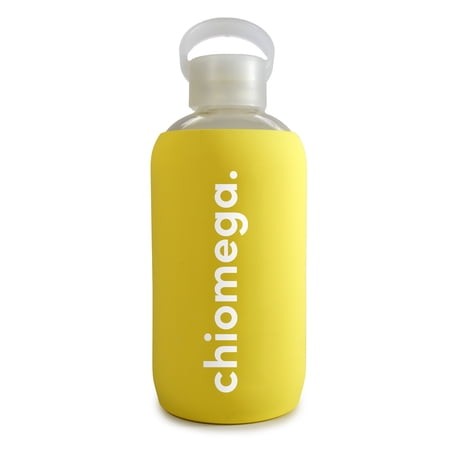 Sorority Shop Chi Omega Glass Water Bottle with Silicone Sleeve - 16 Oz Reusable Water Bottle with Leakproof Cap