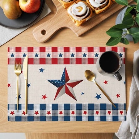 Table Placemats Set of 6 Independence Day USA Flag Star Patriot Red Blue Buffalo Check Washable Place Mats Pentagram Stripe Linen Non-Slip Insulation 