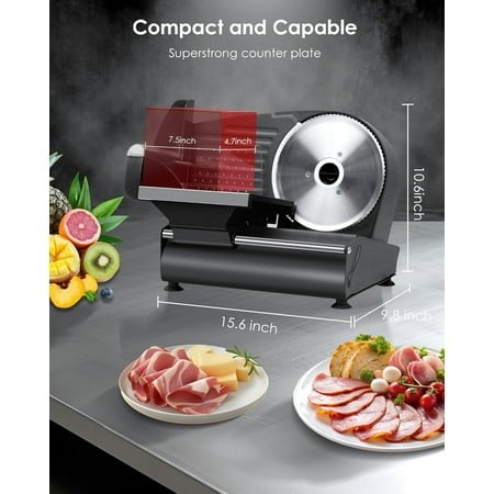 Electric Meat Slicer with 7.5 Inch Stainless Steel Blade for Home Kitchen - Adjustable Thickness Food Cutter for Cheese Bread and Roast Beef - Easy Cl