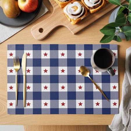 Table Placemats Set of 6 Independence Day Red Stars on Buffalo Lattice Washable Place Mats Blue White Non-Slip Insulation Table Mats for Kitchen Dinin