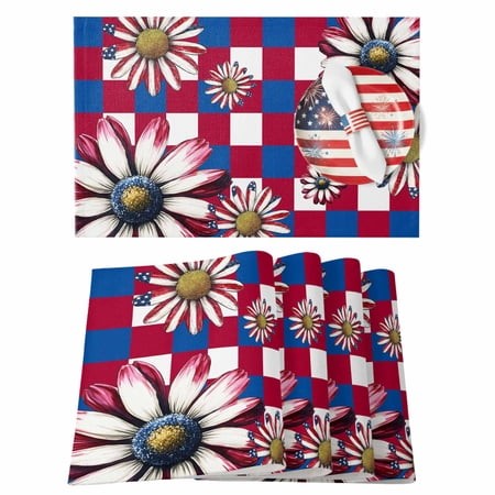 4th of July Placemats Set of 6 Patriotic Daisy Place Mats Independence Day Placemat Red Blue White Buffalo Plaid Table Mats for Dining Kitchen Table D