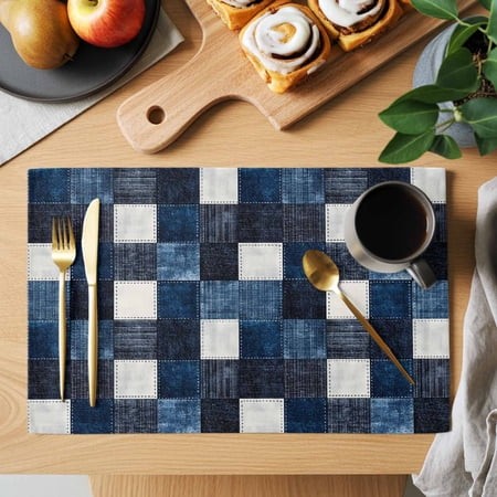 Table Placemats Set of 6 Retro Blue Black Buffalo Check Washable Place Mats Checkered Plaid Seamless Non-Slip Insulation Table Mats for Kitchen Dining