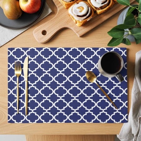 Table Placemats Set of 6 Navy Blue Moroccan Plaid Washable Place Mats White Line Buffalo Lattice Non-Slip Insulation Table Mats for Kitchen Dining Par