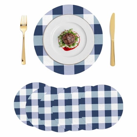 Navy Blue Plaid Round Placemats Set of 6 Spring Farmhouse Buffalo Checkered Place Mats Indoor Woven Table Mats Washable Heat-Resistance Braided Dining