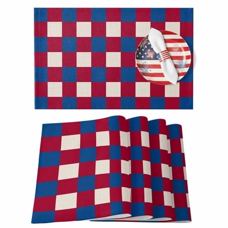 4th of July Placemats Set of 6 Red Blue White Buffalo Plaid Place Mats Independence Day Placemat Patriotic Linen Table Mats for Dining Kitchen Table D