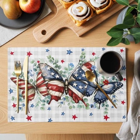 Table Placemats Set of 6 July 4th Butterfly on Grey Buffalo Washable Place Mats Red Blue Stars Non-Slip Insulation Table Mats for Kitchen Dining Party