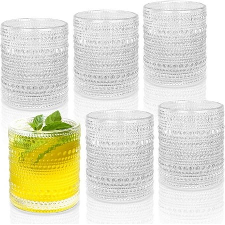 Hobnail Drinking Glasses Set of 6  10 Oz  Cocktail Vintage Glass Cups Mixed Drinkware Glassware for Juice  Cocktail  Whisky  Soda  Beverages. Clear
