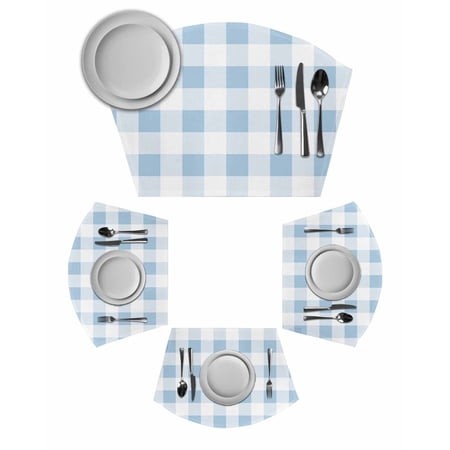 Blue Checkered Wedge Shaped Placemats Set of 6  Cotton Linen Fan Place Mats  Blue White Buffalo Plaid Washable Table Mats for Holiday Wedding Party Di