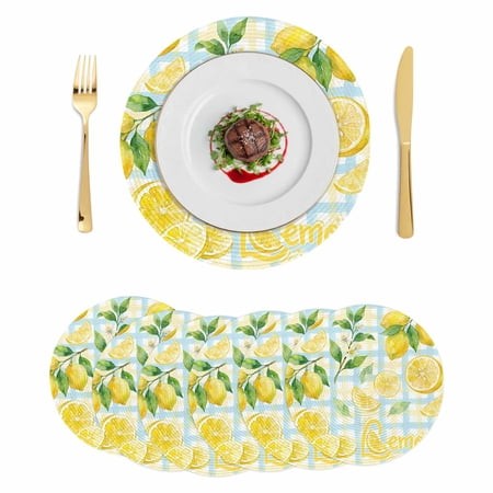 Watercolor Lemons Round 15 Inch Placemats Set of 6  Summer Blue Yellow Buffalo Plaid HeatResistant Non Slip Place Mats for Dining Table  Wipeable Brai