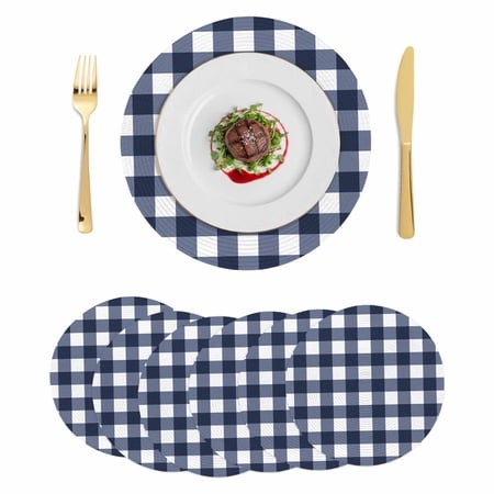 Navy Blue Check Round Placemats Set of 6 Farmhouse Buffalo Plaid Blue Place Mats Indoor Woven Table Mats Washable Heat-Resistance Braided Dining Table