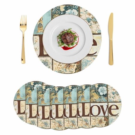 Vintage Floral Buffalo Plaid Round Placemats Set of 6 Blue Beige Checkered Place Mats Indoor Woven Table Mats Washable Heat-Resistance Braided Dining 