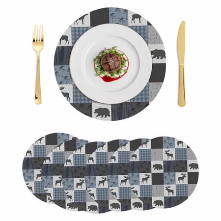 Blue Cabin Check Round Placemats Set of 6 Rustic Bear Elk Farmhouse Buffalo Plaid Place Mats Indoor Woven Table Mats Washable Heat-Resistance Braided 