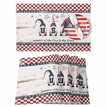 4th of July Placemats Set of 6 Vintage Cute Gnomes Place Mats Independence Day Placemat Star Buffalo Check Plaid Red Blue Table Mats for Dining Kitche