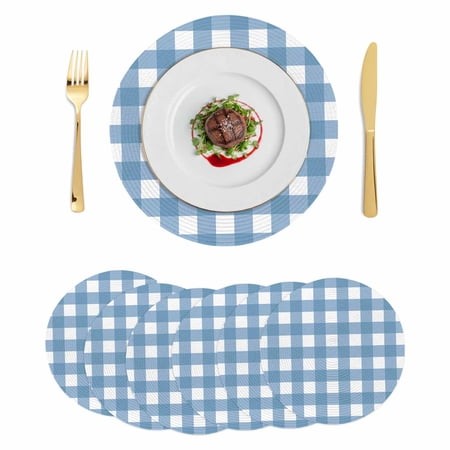 Blue White Plaid Round Placemats Set of 6 Gradient Geometric Buffalo Checkered Place Mats Indoor Woven Table Mats Washable Heat-Resistance Braided Din