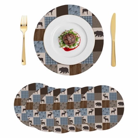 Blue Checkered Cabin Round Placemats Set of 6 Farmhouse Forest Brown Buffalo Plaid Place Mats Indoor Woven Table Mats Washable Heat-Resistance Braided
