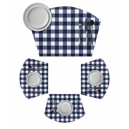 Navy Blue Check Wedge Shaped Placemats Set of 6  Cotton Linen Fan Place Mats  Farmhouse Buffalo Plaid Blue Washable Table Mats for Holiday Wedding Par