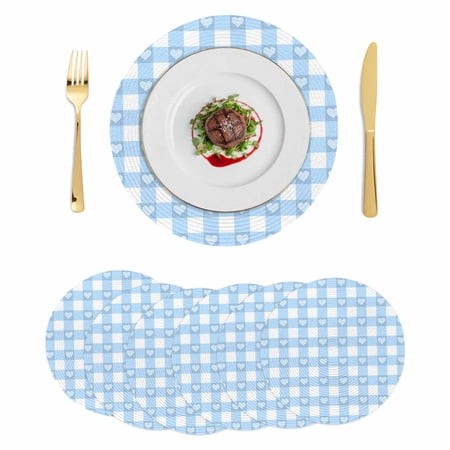 Buffalo Blue Striped Round Placemats Set of 6 Love Heart Checkered Place Mats Indoor Woven Table Mats Washable Heat-Resistance Braided Dining Table Pl