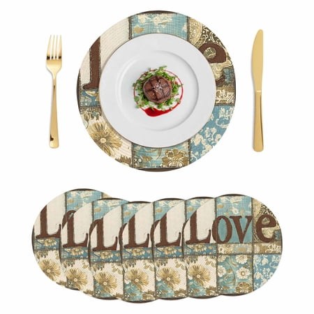 Vintage Floral Check Round Placemats Set of 6 Blue Yellow Love Buffalo Plaid Place Mats Indoor Woven Table Mats Washable Heat-Resistance Braided Dinin