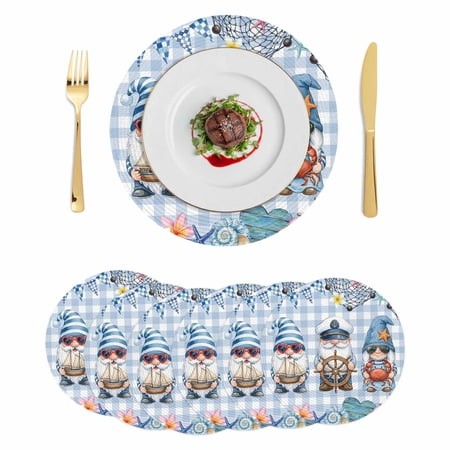 Summer Gnomes Nautical Round 15 Inch Placemats Set of 6  Blue Coastal Buffalo Plaid HeatResistant Non Slip Place Mats for Dining Table  Wipeable Braid