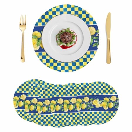 Watercolor Lemon Round 13 Inch Placemats Set of 6  Navy Blue Yellow Buffalo Plaid Summer HeatResistant Non Slip Place Mats for Dining Table  Wipeable 
