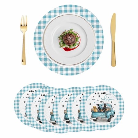 Truck Dogs Round 13 Inch Placemats Set of 6  Funny Car Animals Blue White Buffalo Plaid HeatResistant Non Slip Place Mats for Dining Table  Wipeable B