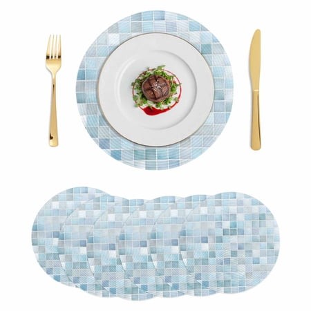 Blue Grey Checkered Round 13 Inch Placemats Set of 6  Farmhouse Plaid Buffalo Elegant Geometric HeatResistant Non Slip Place Mats for Dining Table  Wi