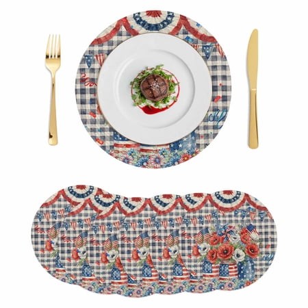 Independence Day Round 13 Inch Placemats Set of 6  Poppy Blue Floral Buffalo Plaid HeatResistant Non Slip Place Mats for Dining Table  Wipeable Braide