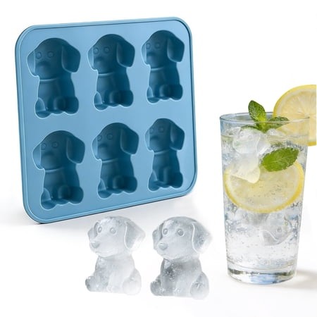 VMWMSSR 6-Cavity Cute 3D Dog Shaped Silicone Ice Cube Mold  Food-Grade Puppy Ice Tray for   Cocktails  Chocolate  Candy & Baking(Blue-14.5X12.6Cm)