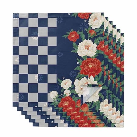 Cloth Napkins Set of 6 Peony Cocktail Napkins Harmony Japanese Blue Check Buffalo Plaid Washable Reusable Soft Dinner Table Napkins for Dinner Party B