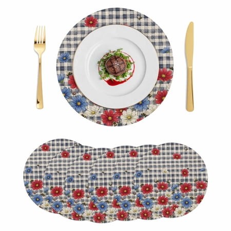 Red Blue Floral Round 15 Inch Placemats Set of 6  Independence Day Flowers Black Buffalo Plaid HeatResistant Non Slip Place Mats for Dining Table  Wip