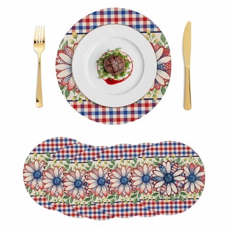 4th of July Daisy Round 15 Inch Placemats Set of 6  Vintage Floral Blue Red Buffalo Plaid HeatResistant Non Slip Place Mats for Dining Table  Wipeable