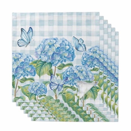 Cloth Napkins Set of 6 Hydrangea Flower Cocktail Napkins Summer Blue Butterfly Buffalo Plaid Reusable Soft Dinner Table Napkins for Dinner Party Banqu