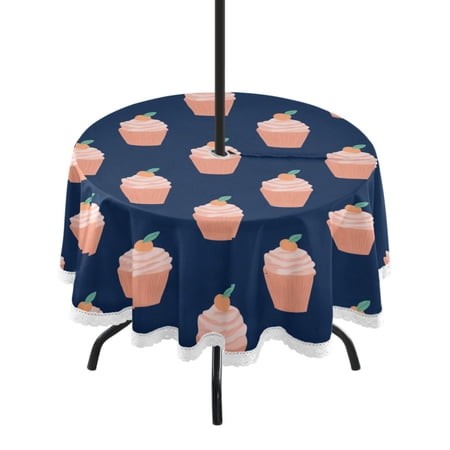 Round Tablecloth 60 Inch with Umbrella Hole and Zipper Opening for Garden Kitchen Dining Peach Ice Cream Pattern